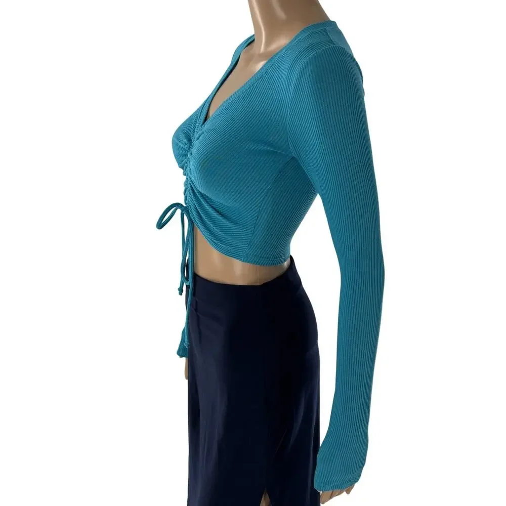 Alo Yoga Blue Ribbed Cinch Ruched Crop Top